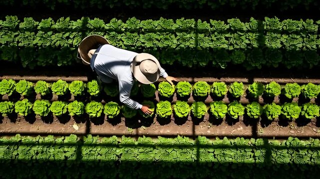 Farmer tending to rows of fresh lettuce in a sunlit field.