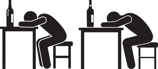 Two figures slumped over tables with bottles in a stark silhouette