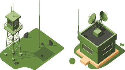 Isometric 3D illustration of two military communication buildings, radar satellite station and observation tower in desert base environment