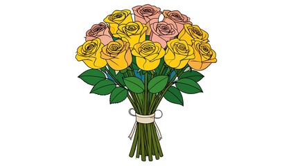 A stylized bouquet of colorful roses, tied with a neutral ribbon