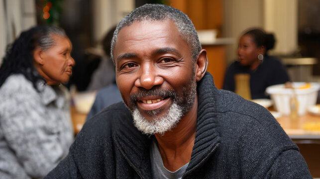 Positive black homeless man sitting at table in noisy homeless shelter cafeteria, surrounded by other people, Christmas concept. As a result of winter's cold, harshness, and warmth, holidays merge 