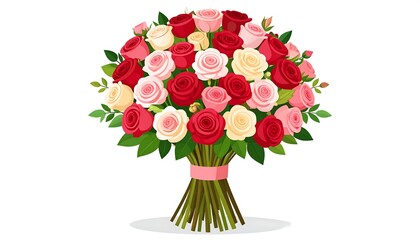 A vibrant bouquet of colorful roses tied with a pink ribbon