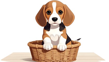 A sweet beagle puppy sitting contentedly in a woven basket