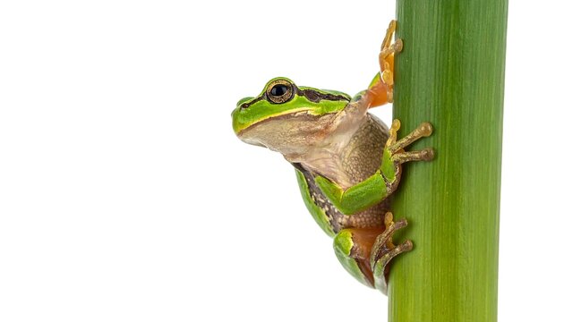 A vibrant green tree frog clinging to a smooth, cylindrical green stalk
