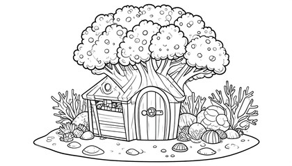 A whimsical monochrome illustration of a treehouse nestled in a coastal scene