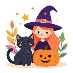 A whimsical illustration of a girl witch, black cat, and pumpkin