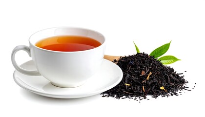 A white teacup with tea sits by dried leaves and fresh green leaves