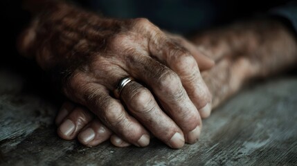 Fototapeta premium Elderly hands clasped with wedding rings on a wooden table