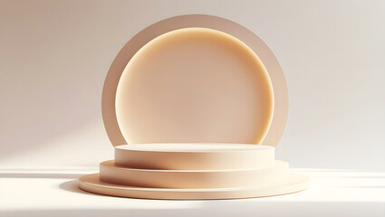 Minimalist 3D Round Podium with Soft Ambient Lighting and Neutral Beige Background, Elegant Stage Platform for Cosmetic Product Display, Luxury Branding, Modern Presentation or Interior Design Scene
