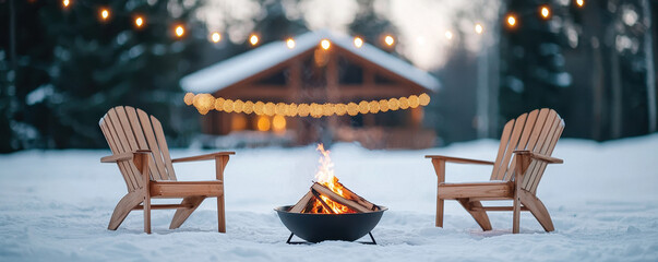Cozy winter firepit gathering snowy landscape evening lights serene outdoor retreat warmth and togetherness