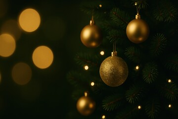 Close-up pine with gold ornaments and bokeh