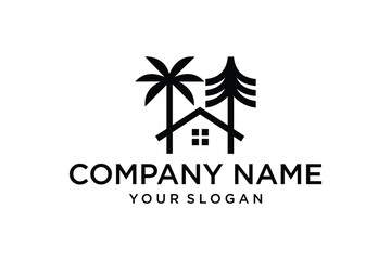 Obraz premium Minimalist House Logo with Palm and Pine Trees