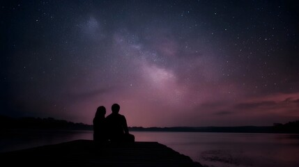Silhouette of a couple on a wooden dock romantically stargazing at the vast Milky Way galaxy over a tranquil lake at night