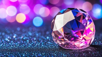 Close up of faceted crystal reflecting vibrant lights