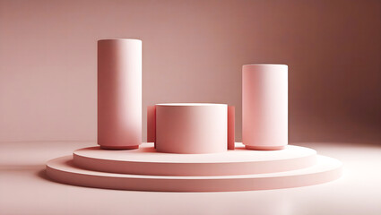 Minimalist Pink Podium Background for Product Display, 3D Cylinder Stage with Soft Lighting, Modern Cosmetic Showcase Scene, Abstract Pastel Pedestal for Branding and Presentation Design
