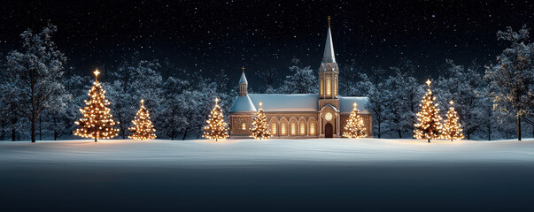 Winter wonderland christmas cathedral illuminated by lights snowy landscape nighttime view serene atmosphere