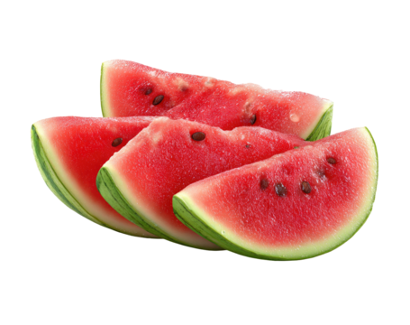 Close-up of four watermelon slices, vibrant red flesh,  green rind