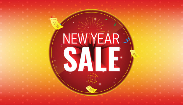 New Year Sale featuring bold white text on a red circle with fireworks, confetti, and a yellow-to-red gradient for a festive, energetic look. - Powered by Adobe