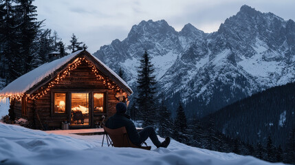 Winter christmas lights illuminate mountain cabin in snowy landscape cozy retreat evening viewpoint