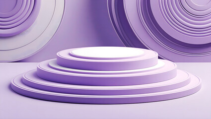 Minimal pastel 3D background with layered circular podium in soft lavender and white tones, modern abstract scene for product mockup, cosmetic branding, luxury presentation, and elegant design display