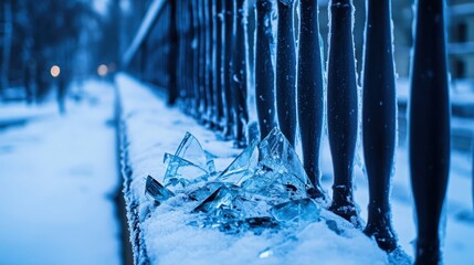 Broken glass shards on a snow covered fence outdoors in winter