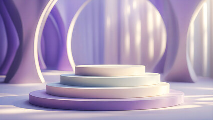 Abstract 3D pastel scene with circular tiered podium in lavender and ivory shades, minimal geometric background for product display, cosmetic mockup, fashion branding, and modern luxury presentation.