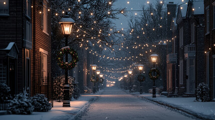 Christmas lights twinkle on a winter evening in a quiet snowy street cozy atmosphere serene viewpoint