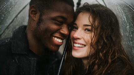 A happy couple shares an umbrella while standing close together in the rain smiling