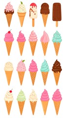 Array of whimsical ice cream cones, various flavors and styles