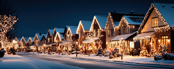 Dazzling christmas lights illuminate winter street cozy neighborhood photography nighttime festive spirit