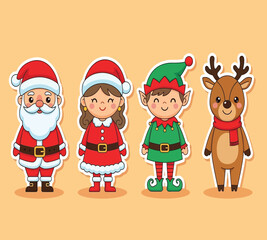 Vector art of festive christmas characters featuring santa claus, mrs claus, an elf, and a reindeer, all adorned with traditional holiday attire and set against a cheerful, light orange background, cr