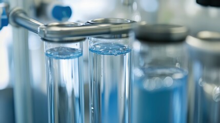 Close-up view of clear water samples inside glass test tubes