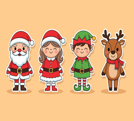 Vector art of festive christmas characters featuring santa claus, mrs claus, an elf, and a reindeer, all adorned with traditional holiday attire and set against a cheerful, light orange background, cr