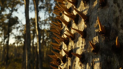 Close up of a thorny tree trunk with sunlight in a forest