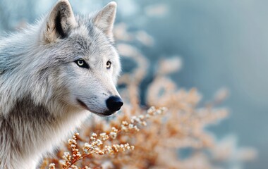 Obraz premium A gray wolf against a backdrop of dry autumn grass and flowers. Photo for a calendar, notebook cover, or album.