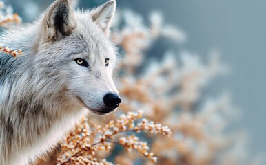 Obraz premium A gray wolf against a backdrop of dry autumn grass and flowers. Photo for a calendar, notebook cover, or album.