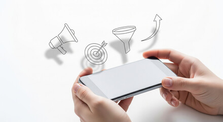 Hands holding a smartphone with marketing and sales funnel icons floating above, isolated on white background