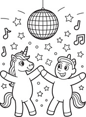 Naklejka premium Smiling Unicorn and Boy Dancing Under Disco Ball Surrounded Stars