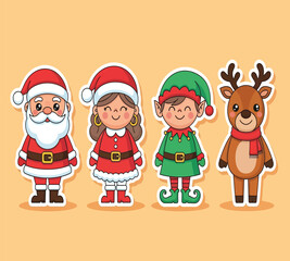 Vector art of festive christmas characters featuring santa claus, mrs claus, an elf, and a reindeer, all adorned with traditional holiday attire and set against a cheerful, light orange background, cr