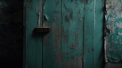 Cracked and peeling paint on a weathered wooden door surface