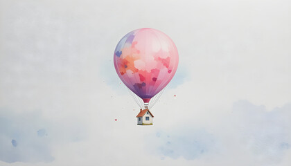 Fototapeta premium House Carried by Pastel Watercolor Hot Air Balloon: Home and Freedom