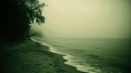A foggy coastal landscape with waves rolling onto a beach