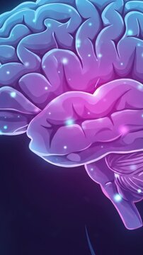 Stylized glowing brain illustration in blue and purple neon hues with luminous folds, vibrant, glow