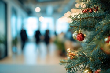 Christmas tree foreground, blurred festive business people meeting, mall, office park on a background. Coworking during Xmas. Copy space, holiday spirit. Selective focus. Seasonal winter festivity