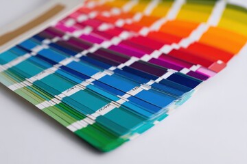 Color guide. Set of color cards on white background. Vibrant colors palette guide. Paper fan used for graphic design work, choosing. Color-accurate swatches picker. Various shades and tones Assortment