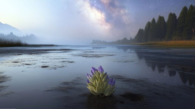 A tranquil scene of the Milky Way over water with distant shores