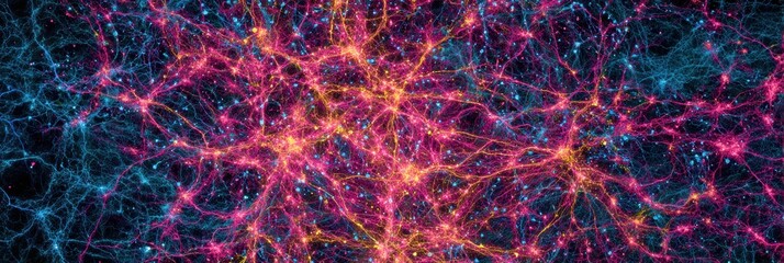 Vivid depiction of the universes cosmic web, highlighting bright energy connections against a dark backdrop representing the vastness of space.