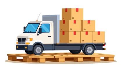 Cartoon illustration of a delivery truck loaded with cardboard boxes on a pallet