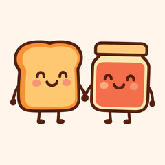 Cute Toast and Jam Holding Hands Vector Kawaii Breakfast Friends T-Shirt and Sticker Design