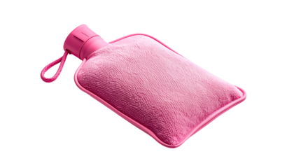 A pink, rectangular hot water bottle with a textured surface and loop